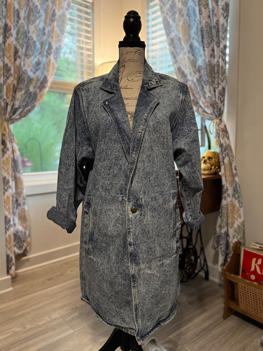 Vintage acid-wash longline denim jacket